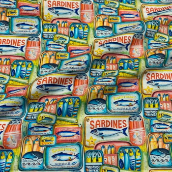 Tecido Tricoline Digital Sardinhas Enlatadas