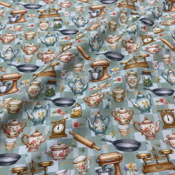 Tecido Tricoline Digital Utensilios de Cozinha Fundo Xadrez Verde