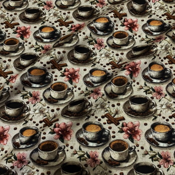 Tecido Tricoline Digital Xicaras de Café Coleção Café com Canela 