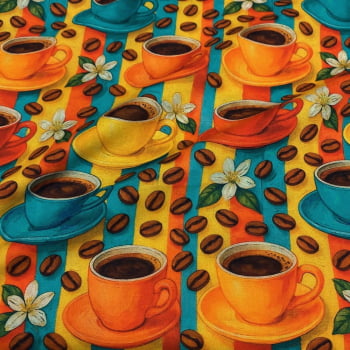 Tecido Tricoline Digital Xícaras Flores e Grãos de Café