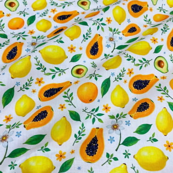 Tecido Tricoline Frutas Dispersas e Flores Fundo Branco