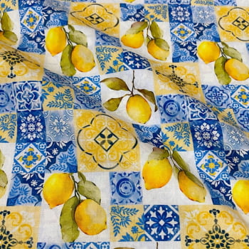 Tecido Tricoline Frutas Limão Siciliano e Azulejo Portugues Fundo Branco