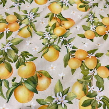 Tecido Tricoline laranja e folhas fundo bege claro
