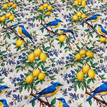 Tecido Tricoline Limão Siciliano e Pássaros Flores Fundo Off