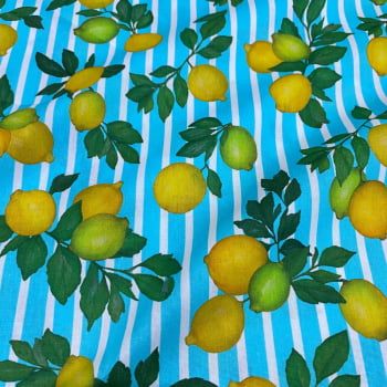 Tecido Tricoline Limão Siciliano Fundo Listras Azul 