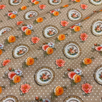 Tecido Tricoline Louças e Flores Fundo Poa Bege (Coleção Camellia)