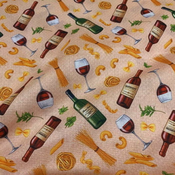 Tecido Tricoline Pasta Vinho e Taça Fundo Cru