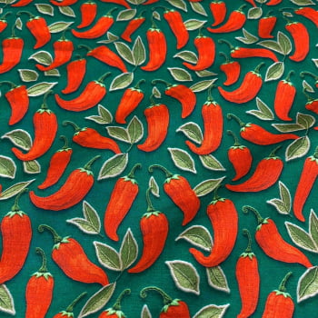 Tecido Tricoline Pimentas Bordadas Fundo Verde