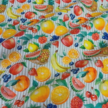 Tecido Tricoline Salada de Frutas Fundo Listra Verde