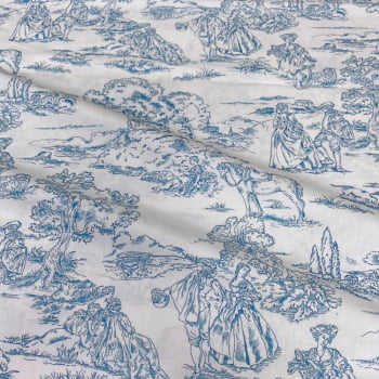 Tecido Tricoline Toile de Jouy Azul Branco