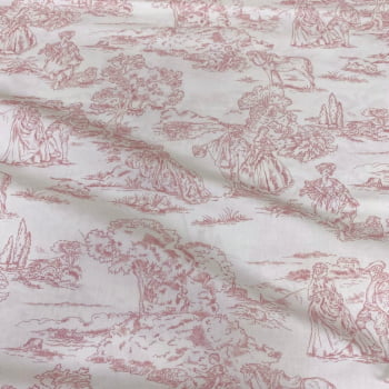 Tecido Tricoline Toile de Jouy Rosa Branco