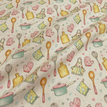 Tecido Tricoline Utensílios de Cozinha Fofos Fundo Cru