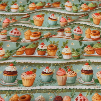 Tecido Tricoline Vitrine de Cup Cake Fundo Verde