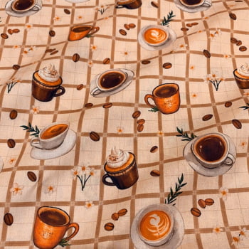 Tecido Tricoline Xicaras de Bebidas com Café Fundo Xadrez Bege