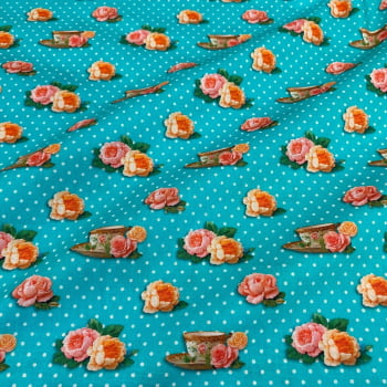 Tecido Tricoline Xicaras e Flores Fundo Poa Azul Tiffany (Coleção Camellia)
