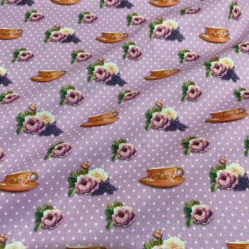 Tecido Tricoline Xicaras e Flores Fundo Poa Lilas (Coleção Camellia)