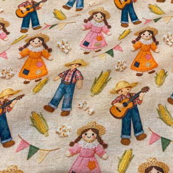 Tecido Tricoline Festa Junina Caipiras Menino e Meninas Fundo Juta