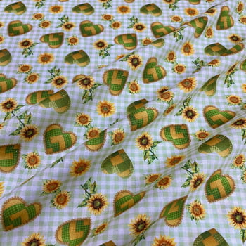 Tecido Tricoline Festa Junina Xadrez Girassol Coração Verde
