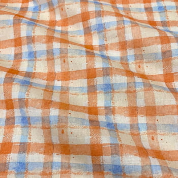 Tecido Tricoline Xadrez Festa Junina Laranja Azul