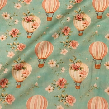 Tecido Tricoline Digital Balões e Flores Coleção Dreamy  
