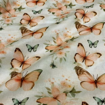 Tecido Tricoline Digital Borboletas e Flores Salmao