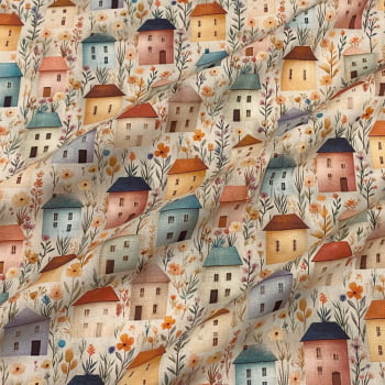 Tecido Tricoline Digital Casinhas Coloridas e Flores Vilarejo