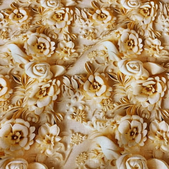 Tecido Tricoline Digital 3D Floral Bege Gold