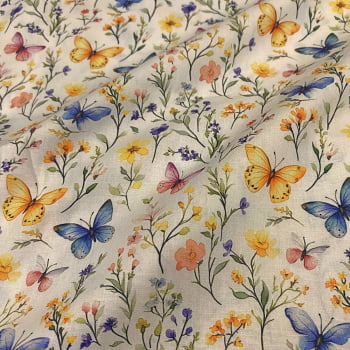 Tecido Tricoline Digital Floral Borboletas no Jardim Colorido