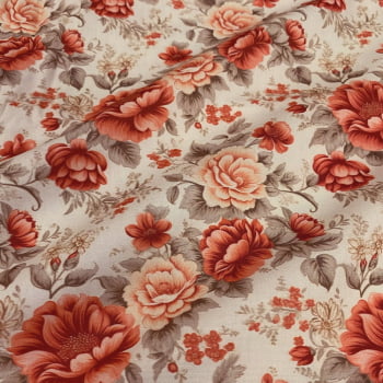 Tecido Tricoline Digital Floral Brick Grande Vermelho Fundo Cru Tecido Tricoline Digital Floral Brick Grande Vermelho Fundo Cru