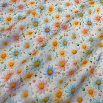 Tecido Tricoline Digital Floral Colorido Fundo Branco Tecido Tricoline Digital Floral Colorido Fundo Branco