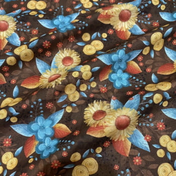 Tecido Tricoline Digital floral colorido marrom (Fadas e Borboletas)