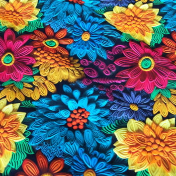 Tecido Tricoline Digital 3D Floral Colorido Relevo