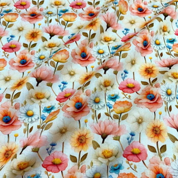 Tecido Tricoline Digital Floral Cores Pasteis Fundo Branco Tecido Tricoline Digital Floral Cores Pasteis Fundo Branco