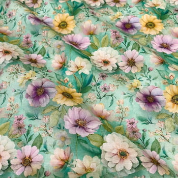 Tecido Tricoline Digital Floral Cosmos Lilas Amarelo Branco Fundo Verde (Adorable Garden)