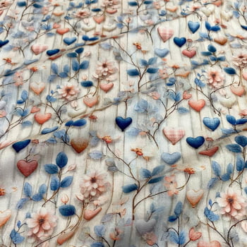 Tecido Tricoline Digital Floral e Corações Rose Azul (Shabby Love) Tecido Tricoline Digital Floral e Corações Rose Azul (Shabby Love)