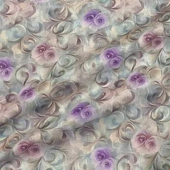 Tecido Tricoline Digital Floral Espiral Rosas Lilás Coleção Lavandisca 
