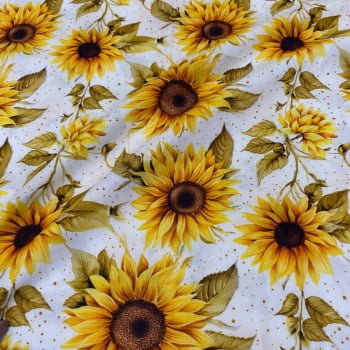 Tecido Tricoline Digital Floral Girassol Grande Fundo Branco