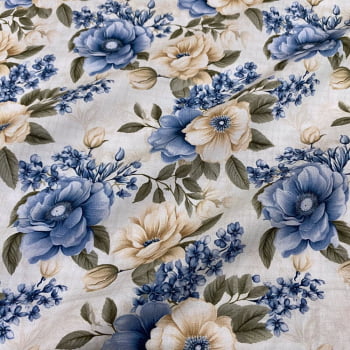 Tecido Tricoline Digital Floral Grande Azul e Bege Fundo Textura - Coleção Bloomy