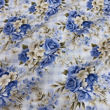 Tecido Tricoline Digital Floral Grande Azul e Bege Fundo Xadrez - Coleção Bloomy Tecido Tricoline Digital Floral Grande Azul e Bege Fundo Xadrez - Coleção Bloomy