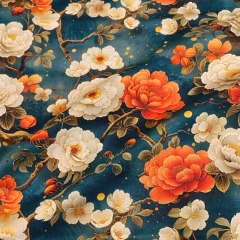 Tecido Tricoline Digital Floral Grande Fundo Azul Coleção Flores do Oriente Tecido Tricoline Digital Floral Grande Fundo Azul Coleção Flores do Oriente