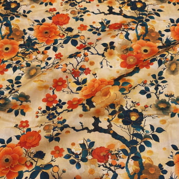 Tecido Tricoline Digital Floral Grande Fundo Claro Coleção Flores do Oriente  Tecido Tricoline Digital Floral Grande Fundo Claro Coleção Flores do Oriente