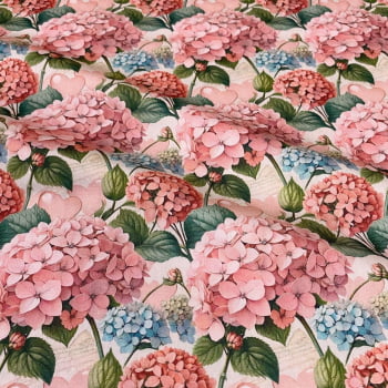 Tecido Tricoline Digital Floral Grande Hortensias Rosa Azul - Coleção Pink Hydrangeas Tecido Tricoline Digital Floral Grande Hortensias Rosa Azul - Coleção Pink Hydrangeas