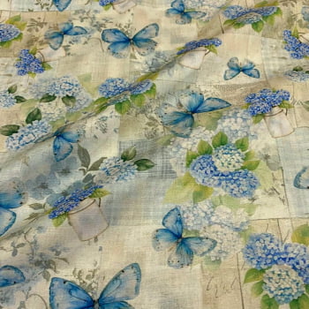 Tecido Tricoline Digital Floral Hortensias e Borboletas Azul Coleção Hortênsias