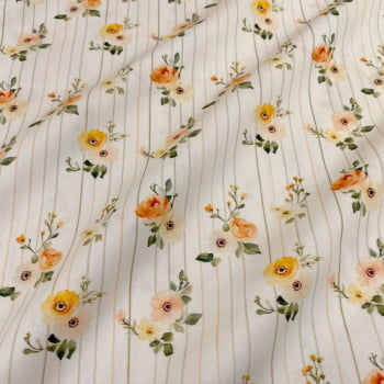 Tecido Tricoline Digital Floral Laranja Pequeno Fundo Listra (Orange Spring)