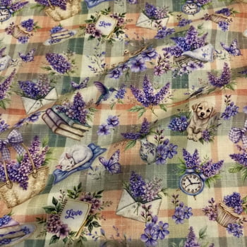 Tecido Tricoline Digital Floral Livros e Relógios no Jardim de Lavanda