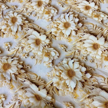 Tecido Tricoline Digital 3D Floral Marfim e Bege