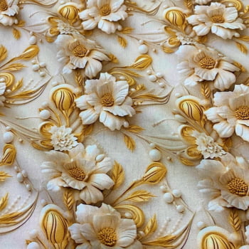Tecido Tricoline Digital 3D Floral Marfim e Bege Gold