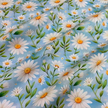 Tecido Tricoline Digital Floral Margaridas Fundo Azul Tecido Tricoline Digital Floral Margaridas Fundo Azul