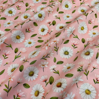 Tecido Tricoline Digital Floral Margaridas Fundo Rosa Tecido Tricoline Digital Floral Margaridas Fundo Rosa