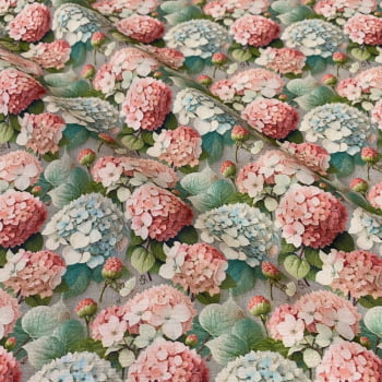 Tecido Tricoline Digital Floral Medio Hortensias Rosa Azul - Coleção Pink Hydrangeas